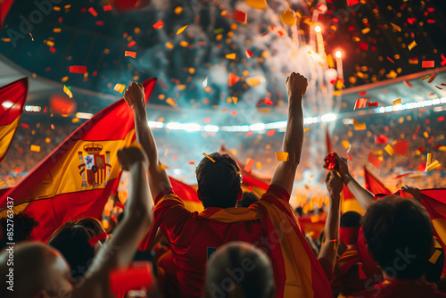 A dynamic image of Spanish football fans with red and yellow flags, celebrating in the stands with confetti and fireworks at the European Championship 2024