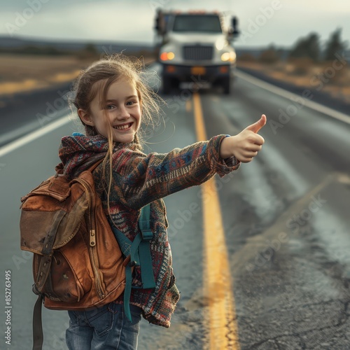 a young girl with a backpack on the side of the road photo