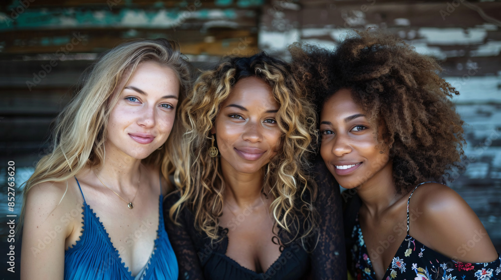 Three joyful young women of different ethnicities captured in a close-up moment Three joyful young women of different ethnicities captured in a close-up moment