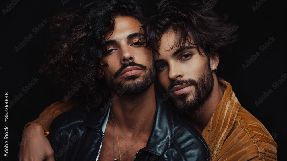 Two stylish men posing confidently against a dark background, showcasing modern fashion Two stylish men posing confidently against a dark background, showcasing modern fashion