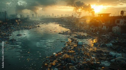 Twilight aerial photograph of a landfill dominated by plastic waste. The fading light creates a dramatic and melancholic atmosphere, emphasizing the environmental tragedy.