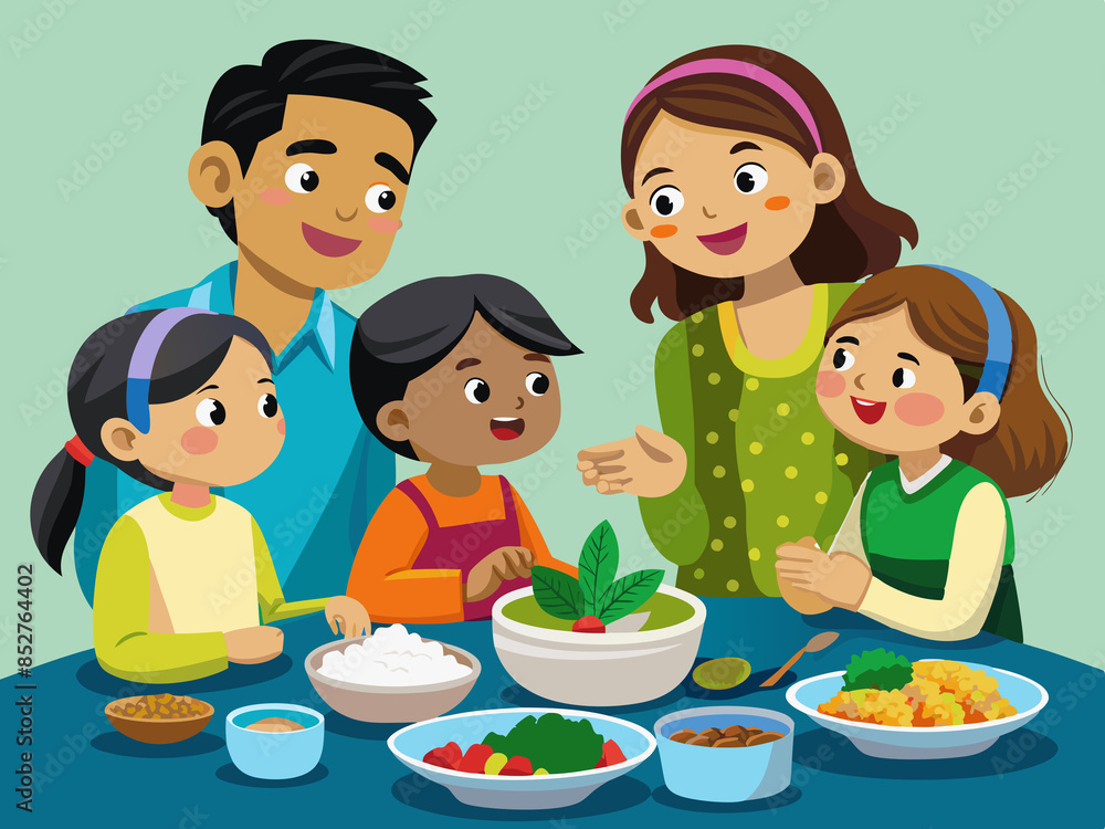 A family eating a simple meal of rice and beans