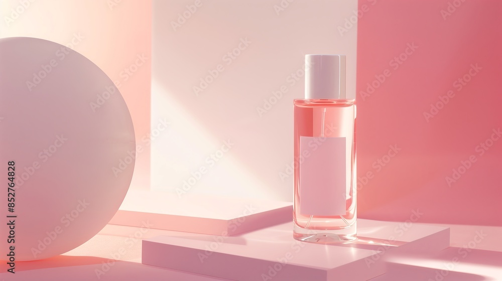 A bottle of pink perfume with a white cap stands on the ground, with a pink background. A bottle of pink perfume with a white cap stands on the ground, with a pink background.