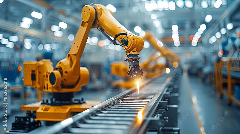 Industrial robot arm performing welding tasks with bright sparks on a factory production line, showcasing automated technology Industrial robot arm performing welding tasks with bright sparks on a factory production line, showcasing automated technology