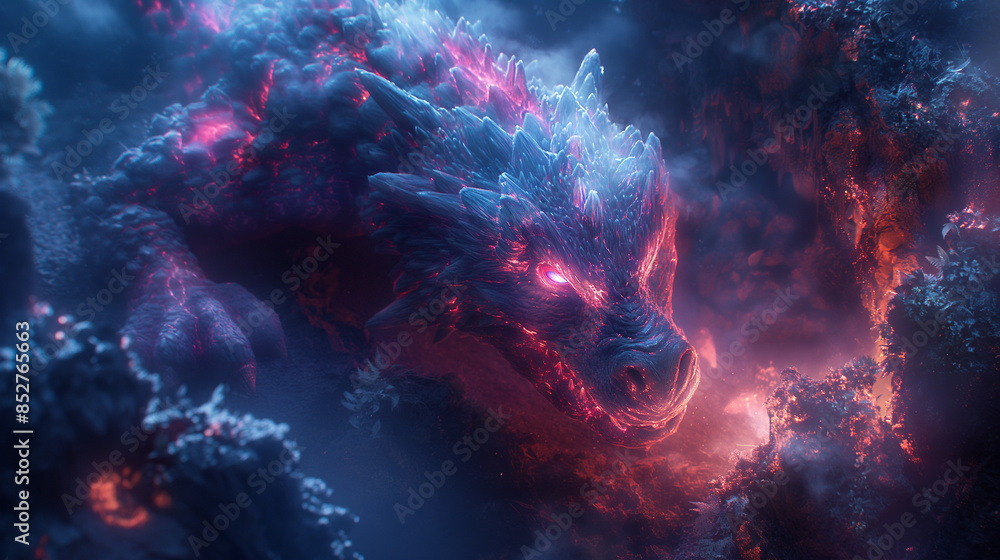 Obraz premium splash art featuring an electric blue and pink glowing dragon in the dark night. The scene is viewed from above in a jungle setting with a fantasy-inspired art style using vibrant colors and cartoonis