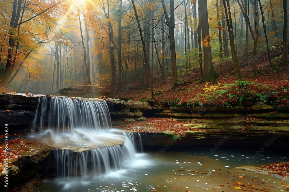 A picturesque small waterfall flowing over ancient rock formations in a dense forest during autumn. The surrounding trees are ablaze with brilliant fall colors, their leaves carpeting the forest floor A picturesque small waterfall flowing over ancient rock formations in a dense forest during autumn. The surrounding trees are ablaze with brilliant fall colors, their leaves carpeting the forest floor