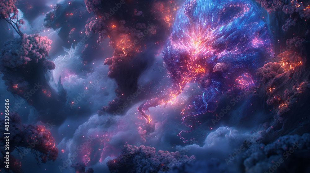 splash art featuring an electric blue and pink glowing dragon in the dark night. The scene is viewed from above in a jungle setting with a fantasy-inspired art style using vibrant colors and cartoonis splash art featuring an electric blue and pink glowing dragon in the dark night. The scene is viewed from above in a jungle setting with a fantasy-inspired art style using vibrant colors and cartoonis