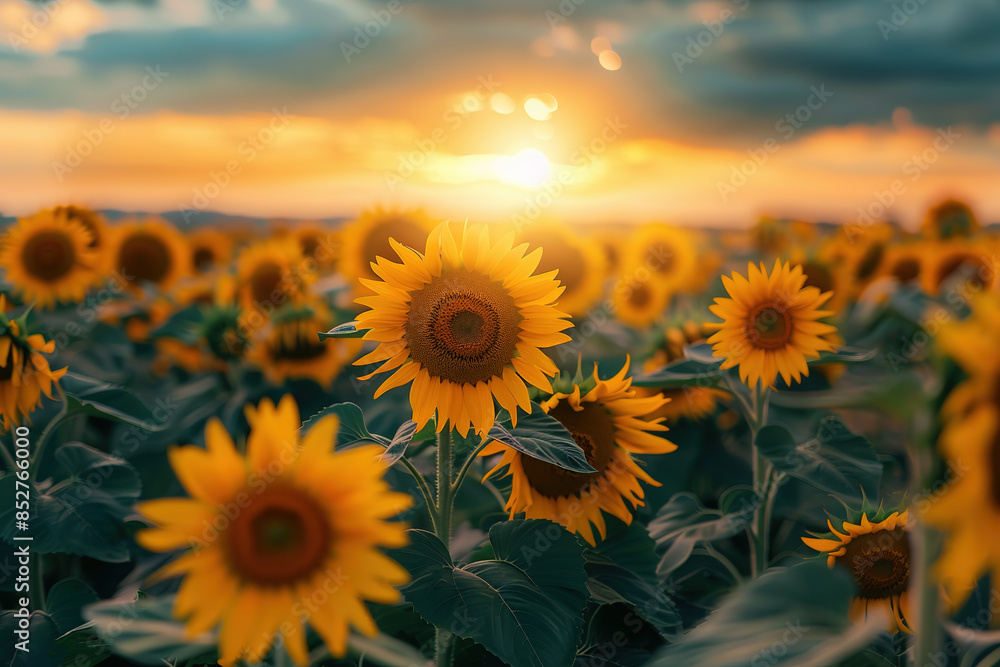 Fototapeta premium Field of sunflowers under the sunset sky