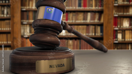 Nevada Flag on Judge Gavel or Hammer in Court with State Name. Legal System 3D Illustration
