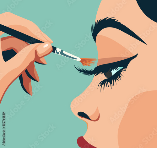 Profile of a girl's face, long eyelashes, eyebrow, hand holding a shadow brush. Beauty of the image. Vector. girl applying shadow on eyelid. Image for beauty industry