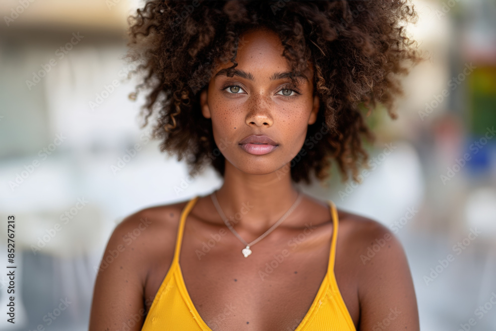 jeune femme africaine de face aux cheveux bouclés et au regard clair jeune femme africaine de face aux cheveux bouclés et au regard clair