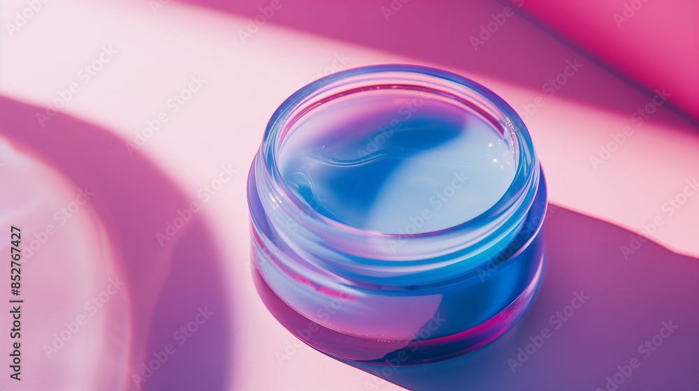A round jar of hair mask with light pink texture on a blue and purple background. A round jar of hair mask with light pink texture on a blue and purple background.