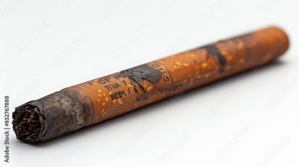 used cigarette - industrial design - blank white background - dirty ash marks - product shot lighting - grimey street feel used cigarette - industrial design - blank white background - dirty ash marks - product shot lighting - grimey street feel