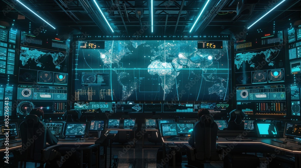 A group of people are sitting at computer monitors in a room with a large screen displaying a map of the world A group of people are sitting at computer monitors in a room with a large screen displaying a map of the world