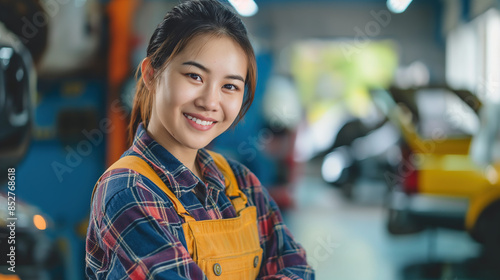 beautiful young Asian female mechanic smiles at the camera while standing in her car workshop, wearing an apron and working on cars behind her © Ron