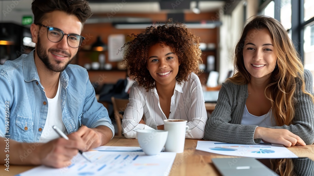 Three young adults are working on a project together in a coffee shop. They are sitting at a table with papers spread out in front of them Three young adults are working on a project together in a coffee shop. They are sitting at a table with papers spread out in front of them