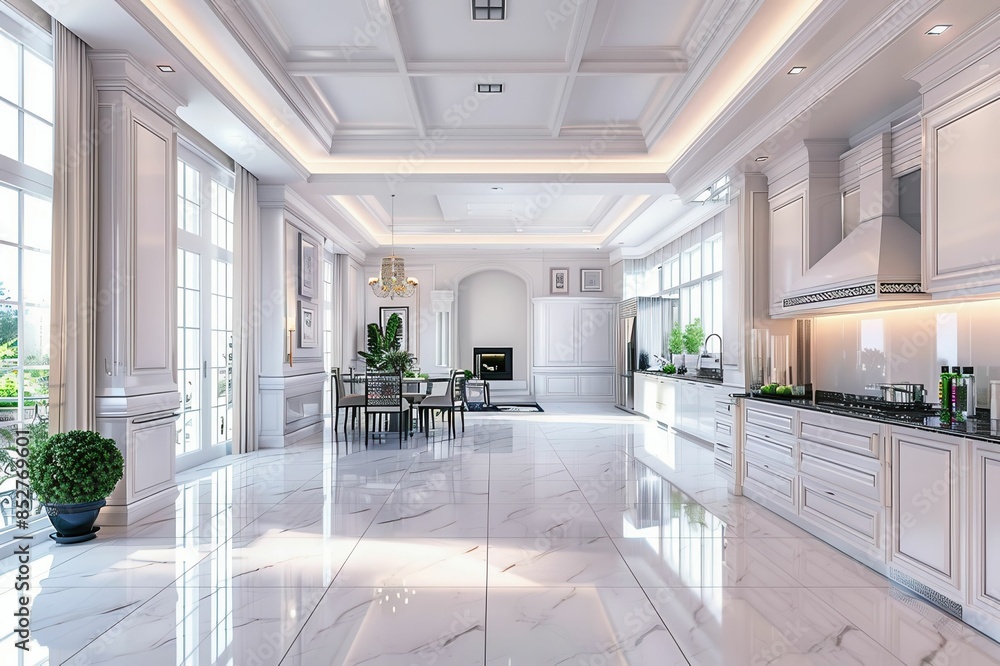 3D rendering of a white marble kitchen with a dining area in a luxury ...