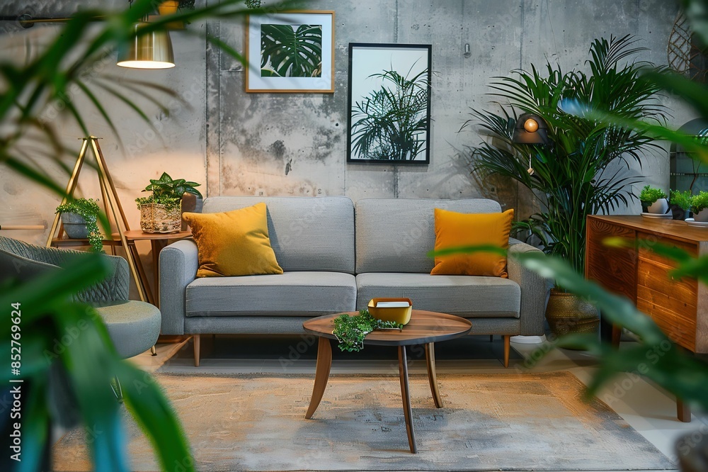 Fototapeta premium A Scandinavian-style living room with concrete walls, a grey sofa, and a wooden coffee table surrounded by plants and golden lamps. A framed photo hangs above. 
