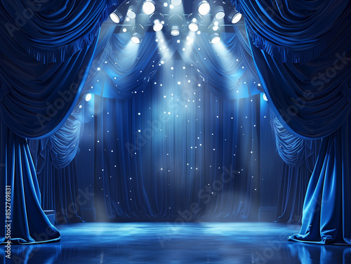 Regal stage show navy blue drapes dramatic backdrop royal party photobooth empty theatre velvet fabric draping background theatrical royal theater rich lux opening premier event movie blank frame set