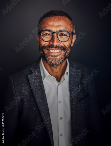Portrait of a smiling man wearing glasses and a suit