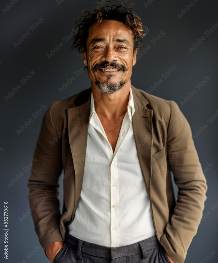 Fototapeta premium Smiling man in a brown blazer with hands in pockets.