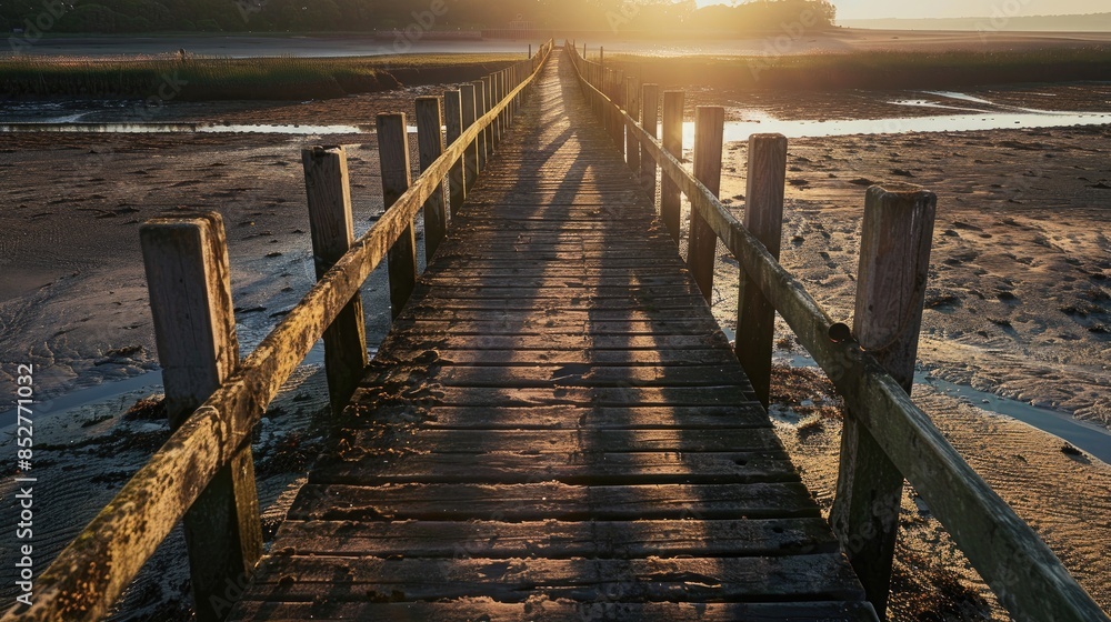 Naklejka premium View of wooden pier with long morning shadows at low tide