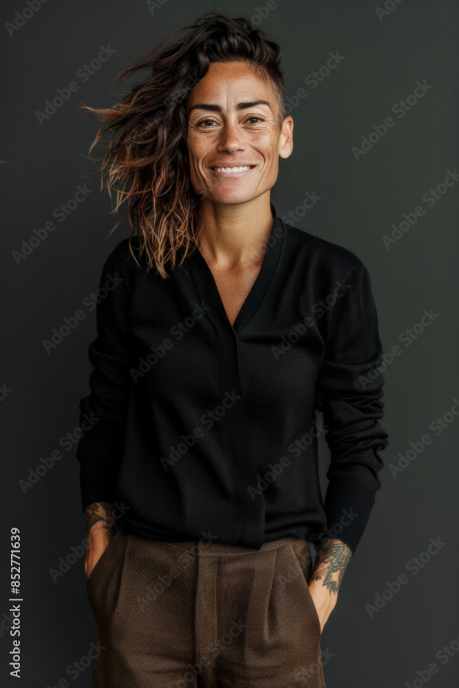 Woman with short shaved hair smiling in black shirt and brown pants. Woman with short shaved hair smiling in black shirt and brown pants.