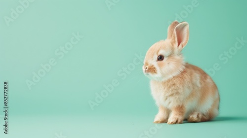 A cute rabbit puppy sitting on a solid Grass green background with space above for text © Moshi Art