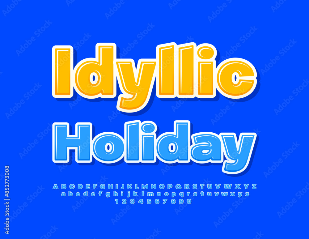 Vector bright flyer Idyllic Holiday.. Blue Glossy Font. Decorative Alphabet Letters and Numbers. Vector bright flyer Idyllic Holiday.. Blue Glossy Font. Decorative Alphabet Letters and Numbers.