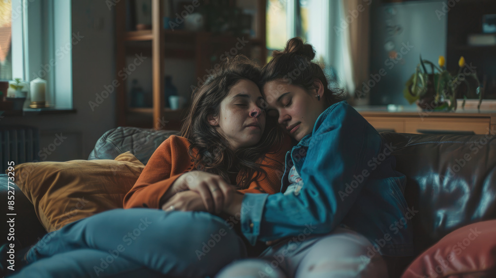Two friends on a sofa, share deep friendship in cozy room Two friends on a sofa, share deep friendship in cozy room