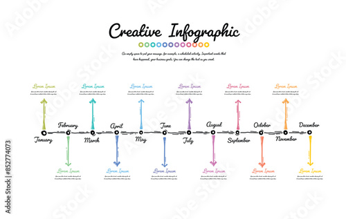 Hand drawn line process 12 months flow chart, Hand drawn presentation, Year planner, 1 year.