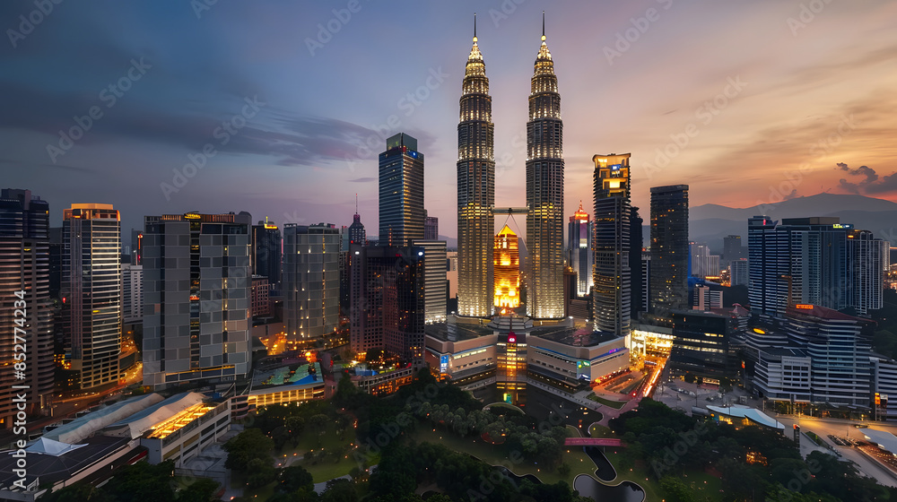Obraz premium The impressive skyline of Kuala Lumpur at twilight featuring the iconic Petronas Twin Towers.