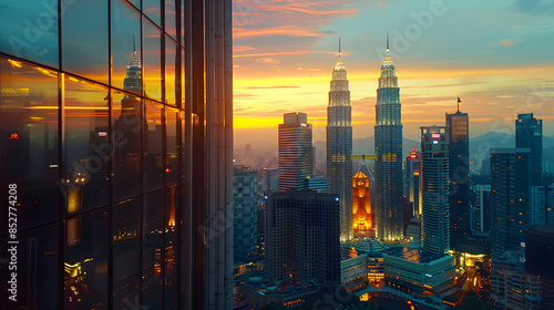 The impressive skyline of Kuala Lumpur at twilight featuring the iconic Petronas Twin Towers. photo