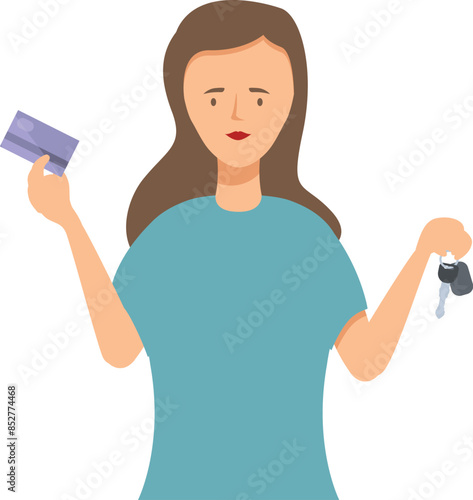 Young woman is deciding between buying a new car or renting one, weighing her options