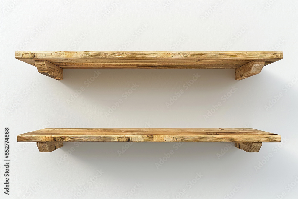 Empty wooden shelves on a white wall. Generated by artificial intelligence Empty wooden shelves on a white wall. Generated by artificial intelligence