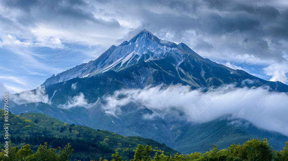Fototapeta premium The majestic Mount Olympus towering above a lush landscape with clouds swirling around its peak.