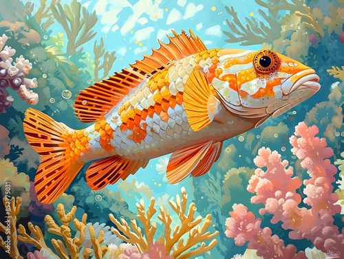 A friendly fish with shimmering scales swimming in a colorful coral reef underwater ecosystem as seen in a vibrant digital