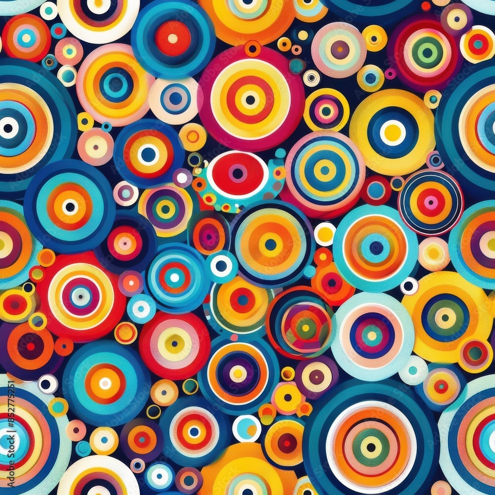 This image features a vibrant pattern of overlapping, concentric circles in various sizes and colors against a dark blue background. The circles feature a mix of bright colors like red, yellow, orange This image features a vibrant pattern of overlapping, concentric circles in various sizes and colors against a dark blue background. The circles feature a mix of bright colors like red, yellow, orange