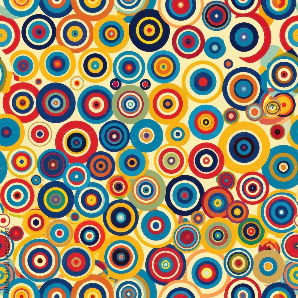 This image showcases a vibrant pattern of colorful, concentric circles, seamlessly repeating on a light yellow background. The circles range in size and are composed of various hues of red, blue, yell