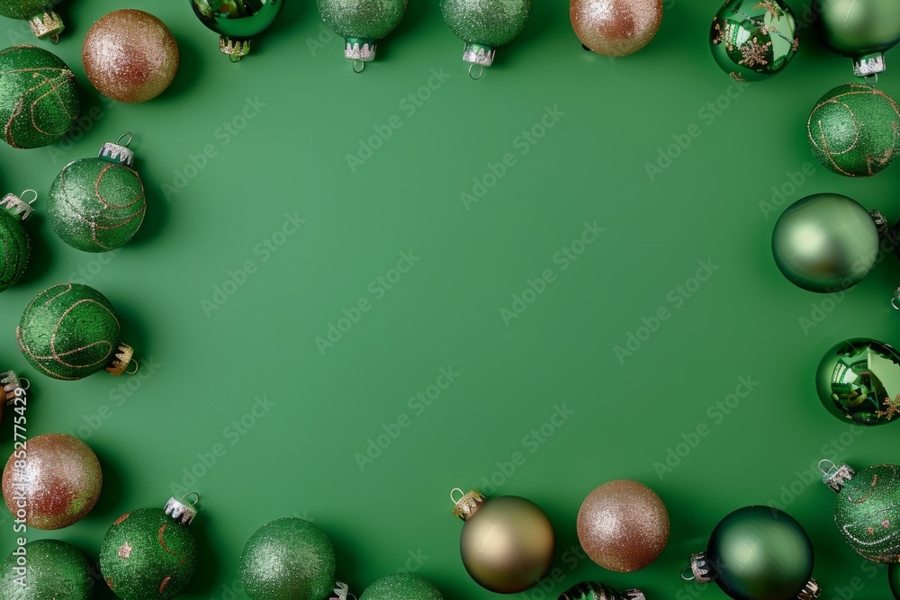 Festive christmas ornaments on green background with copy space, holiday and new year concept Festive christmas ornaments on green background with copy space, holiday and new year concept