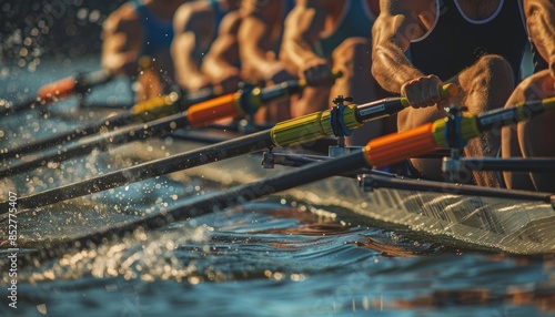Fototapeta Naklejka Na Ścianę i Meble -  Synchronized rowers showcase flawless hand grip coordination in olympic rowing sport