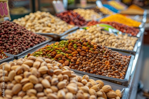 Assorted nuts and seeds display at market with high quality imagery for a vibrant showcase