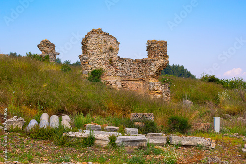 Ancient ruins of the Perge Historical site in Antalya Turkey, a UNESCO World Heritage Site; copy space photo