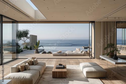 Elegant minimalist beachfront villa in Malibu with smooth wood accents, intricate details, and a serene atmosphere, highlighting the beauty of simplicity and thoughtful design for a tranquil living sp