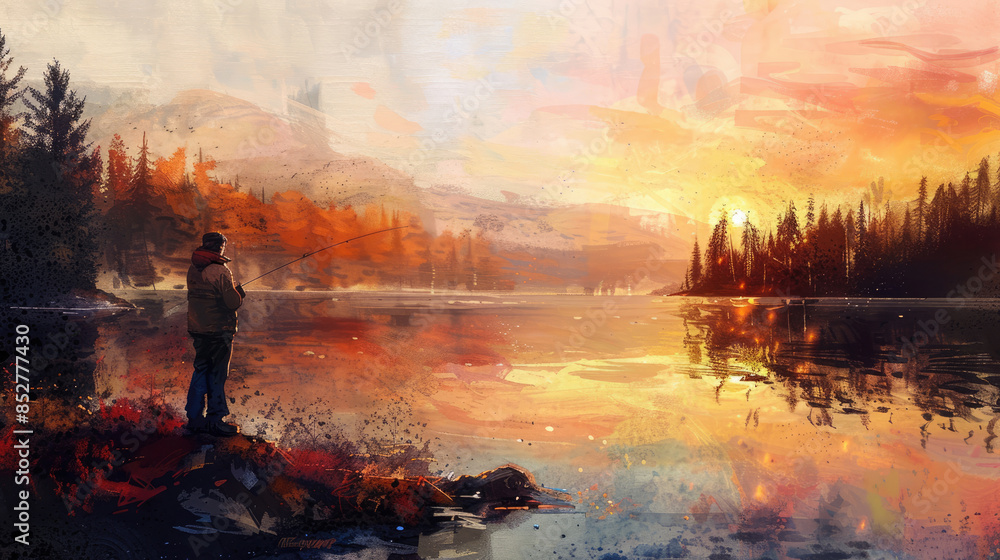 Man is mesmerized by the tranquil sunrise over a scenic lake in an autumn forest Man is mesmerized by the tranquil sunrise over a scenic lake in an autumn forest