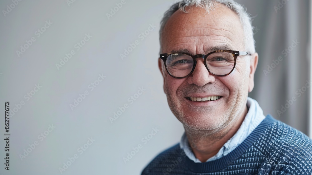 Portrait of a smiling elderly man with glasses and sweater, isolated on light background. Captivating and warm look of a senior gentleman. Ideal for lifestyle and advertisement purposes. AI Portrait of a smiling elderly man with glasses and sweater, isolated on light background. Captivating and warm look of a senior gentleman. Ideal for lifestyle and advertisement purposes. AI