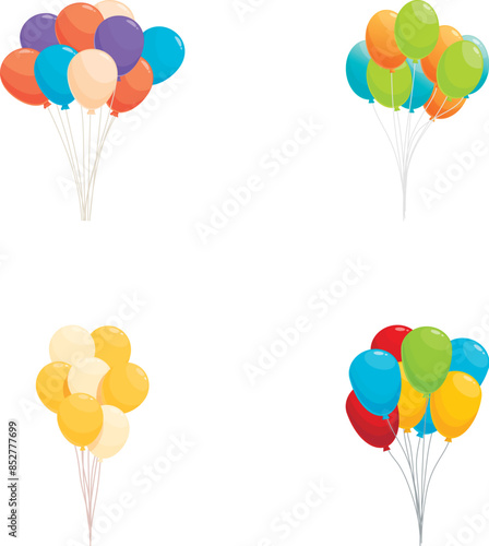 Set of four vector illustrations featuring clusters of colorful party balloons