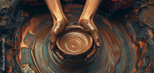 Female hands in the midst of creating a ceramic bowl on a pottery wheel, shown in a closeup view from above, with a cinematic photo capturing the intricate details.