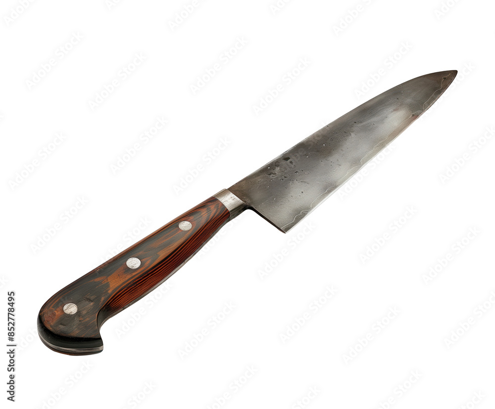 Traditional chef knife with a wooden handle and metal rivets, png, displayed on trapsnarent background Traditional chef knife with a wooden handle and metal rivets, png, displayed on trapsnarent background