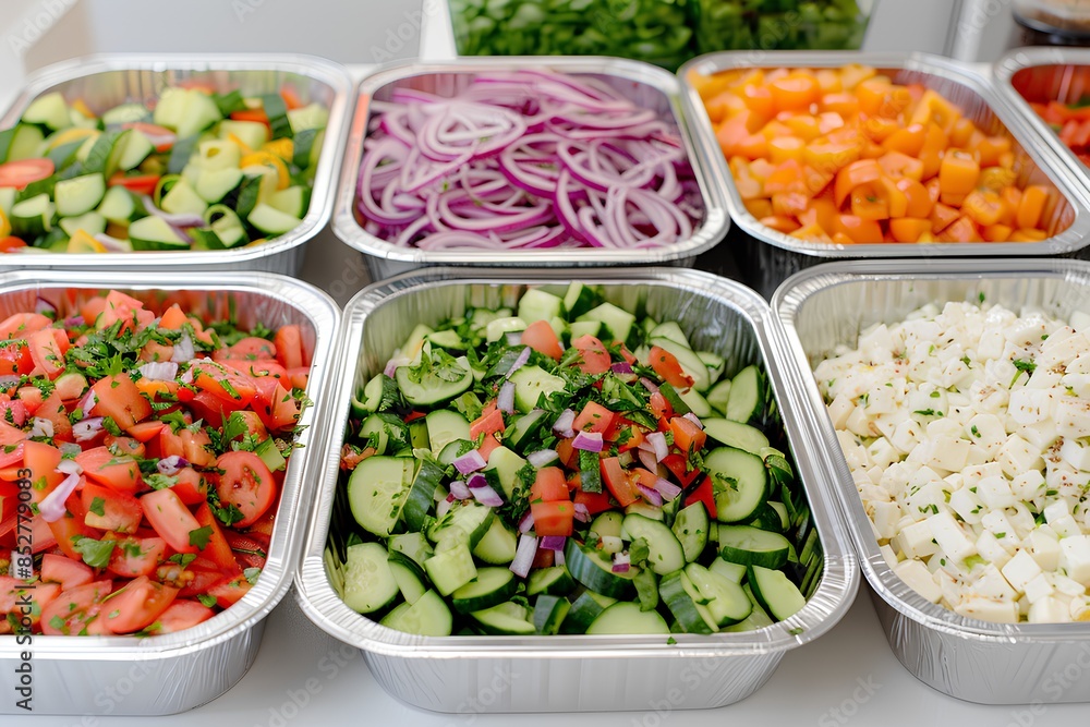 A photo of several aluminum containers filled with colorful salad ingredients like cucumber, onion and feta cheese on a white table top. A photo of several aluminum containers filled with colorful salad ingredients like cucumber, onion and feta cheese on a white table top.